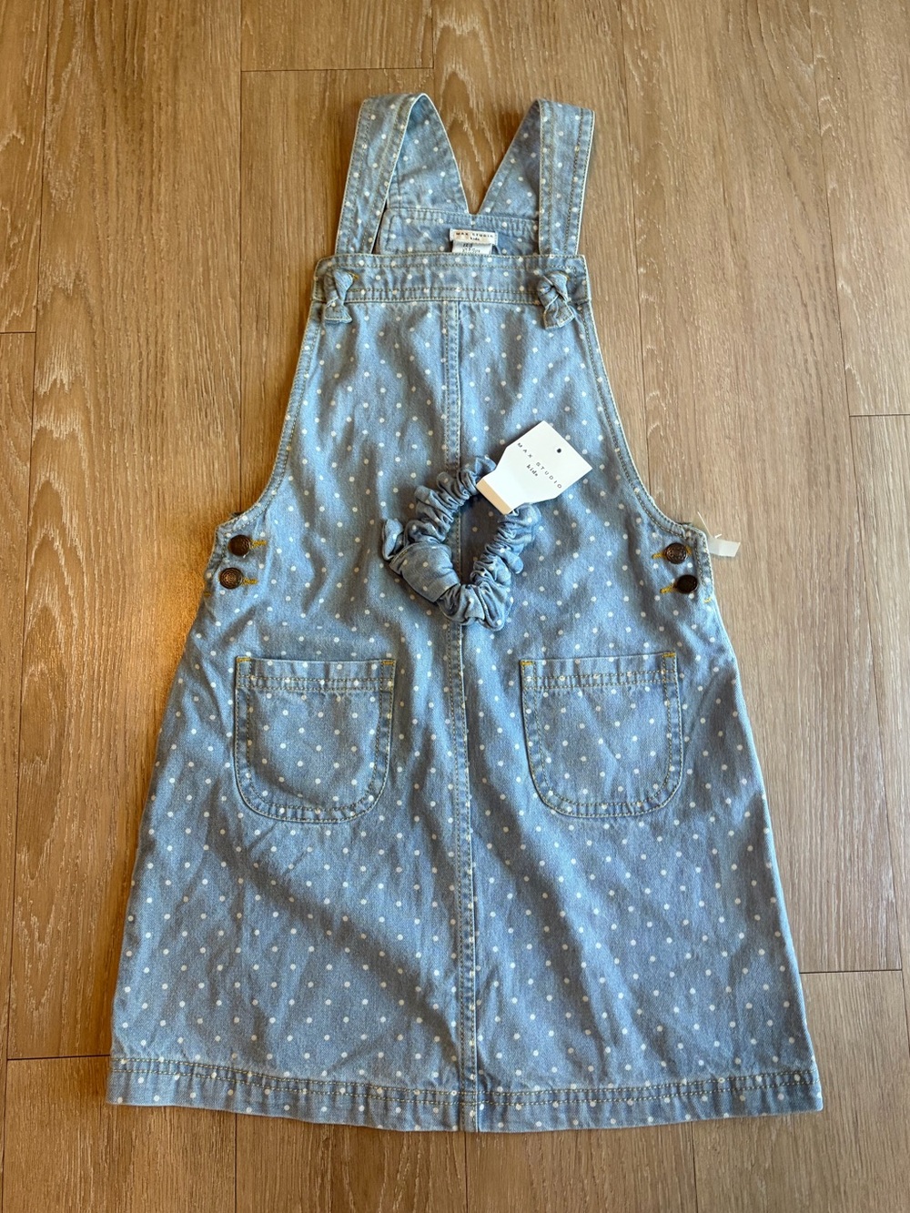Max Studio Light Blue Polka Dot Denim Pinafore w/ Matching Scrunchie NWT